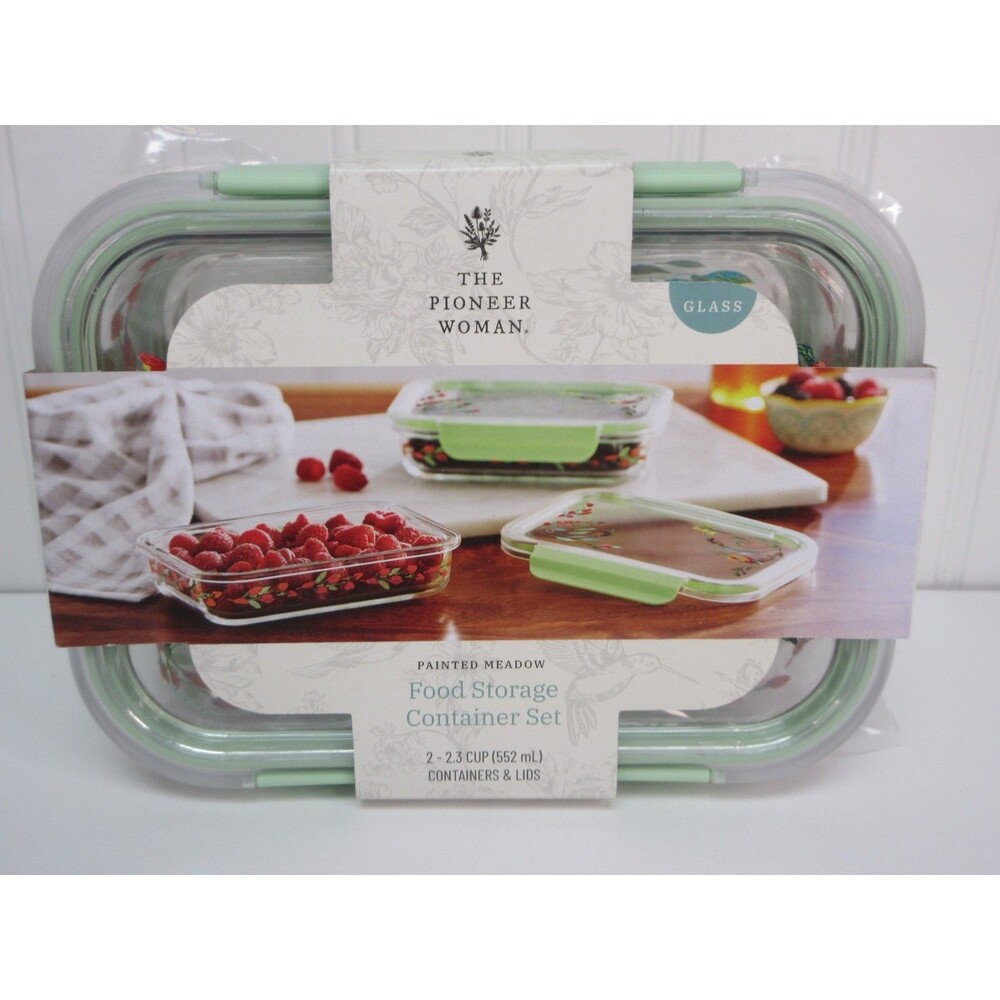 Pioneer Woman Painted Meadow Glass Food Storage 2.3cup Container 2pc Set Green